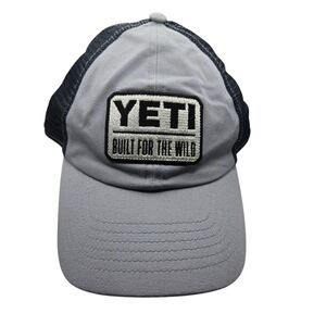 YETI Mens Retro Navy Blue Gray Built For The Wild Mesh Snapback Baseball Hat